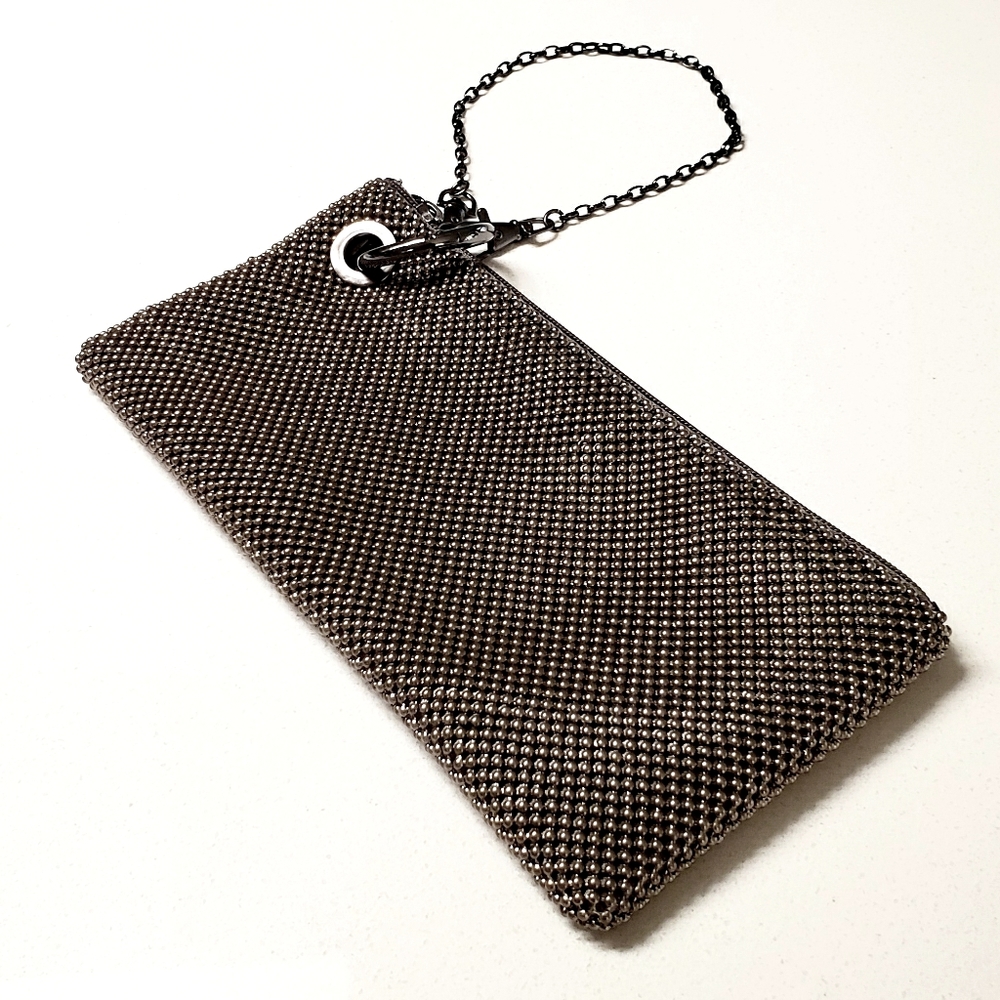 Metallized fabric zip clutch purse w/strap